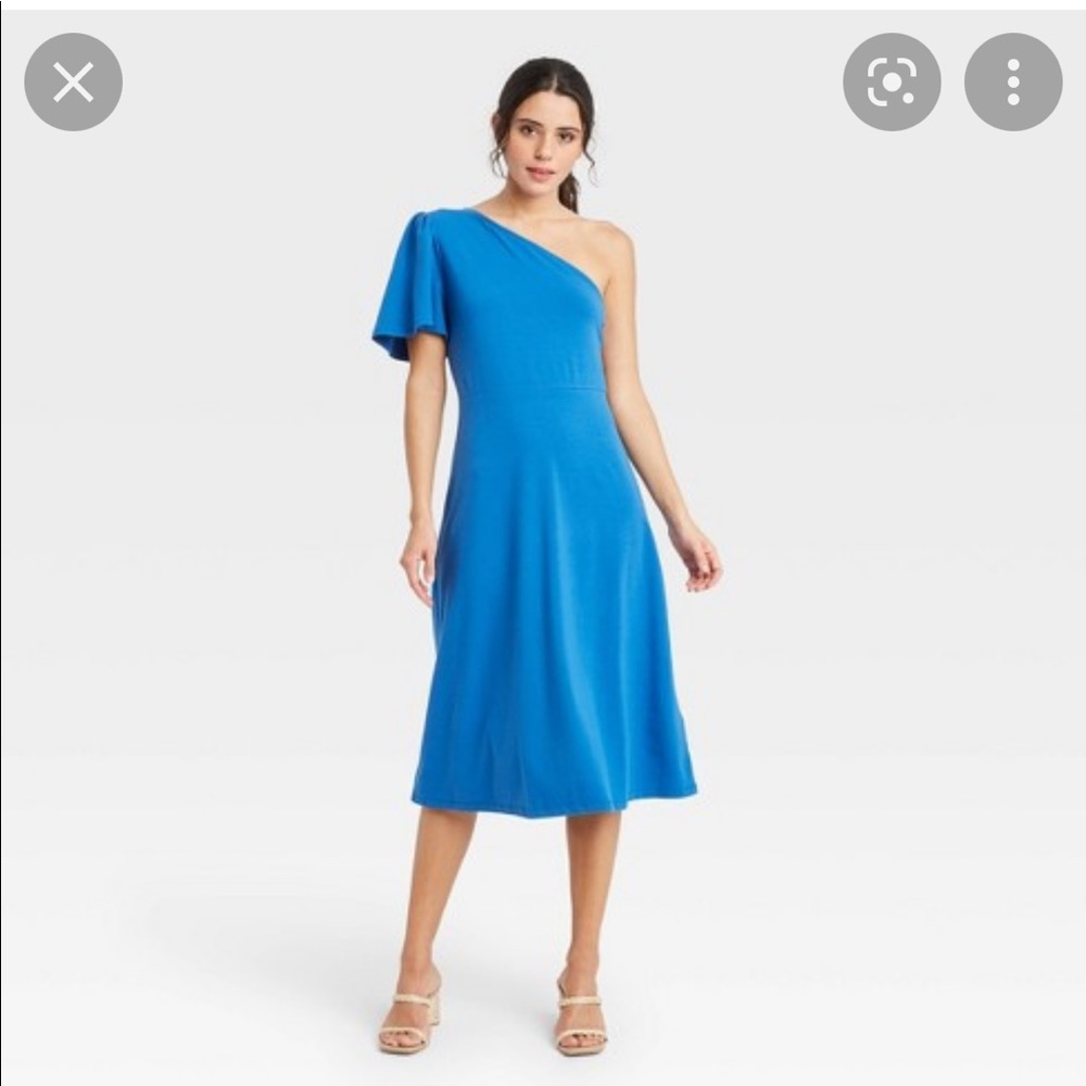 NWT who what wear one shoulder dress puff short sleeve blue
